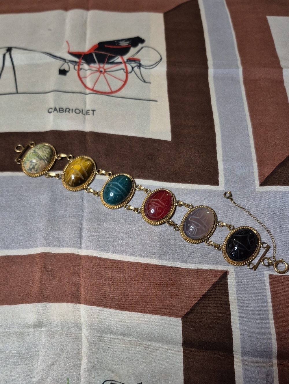 Vintage Gold Filled Scarab Egyptian Revival Bracelet with Multi Gem Colors
